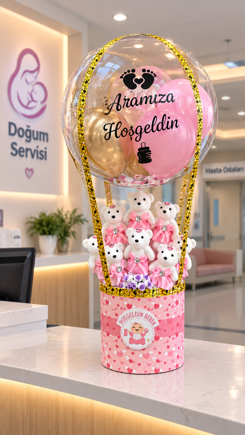 Kız Bebek İçin Hoş Geldin Balonlu Ayıcık Aranjmanı | Hastaneye Bebek Hediyesi | Gaziantep Çiçek