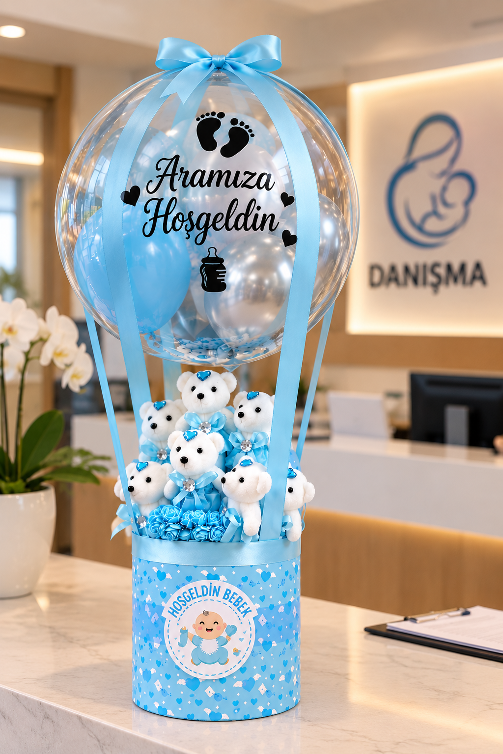 Erkek Bebek Hoş Geldin Balonlu Ayıcık Aranjmanı | Hastaneye Bebek Hediyesi | Gaziantep Çiçek