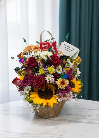 Çikolatalı ve Çiçekli Mutluluk Sepeti (Aynı Gün Teslim) Gaziantep Çiçekciler